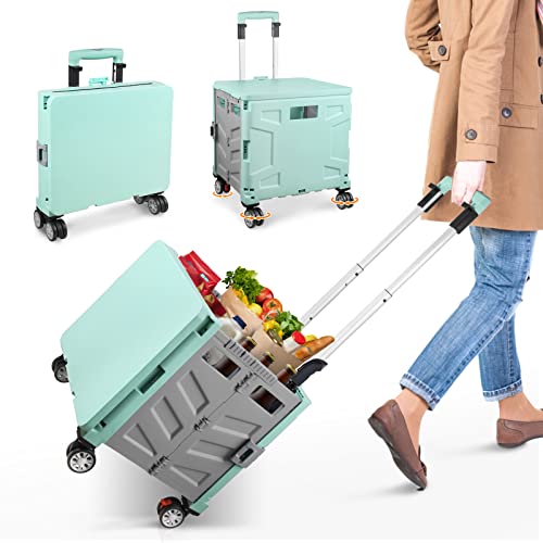 Chariot de Courses, Chariot de Courses Pliable Capacité 50L et Surcharge 50kg, Panier à Provisions avec Couvercle, Poignée Extensible en Aluminium, 4 Roues en Pivotantes à 360°, 100 x 41 x 35 cm Cover