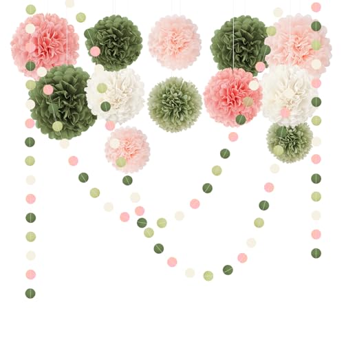 NICROHOME EUR Wedding Party Decorations Set, 15 PCS Pink Sage Green Tissue Paper Pom Poms Dots Paper Garland String Hanging Decor for Bridal Shower Baby Shower Engagement Birthday Spring Summer Party