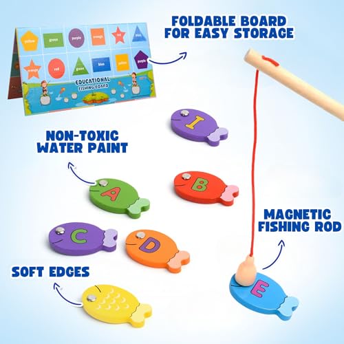 Magnetic Wooden Fishing Game â Interactive ABC Alphabet, Numbers, Shapes & Colors 4-in-1 Learning Board | Montessori Educational Toy for Kids | Complete Set with 36 Fish, 2 Wooden Poles & Board - Image 5