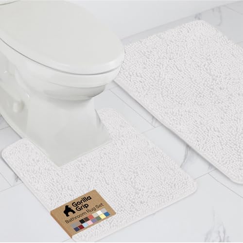 GORILLA GRIP Bathroom Rug Sets, Soft Chenille 2 Piece Area Rugs Set, Toilet Base Mat and 30x20 Carpet, Absorbent Microfiber Washable Mats Dry Quickly, Home Décor and Bath Room Accessories, White
