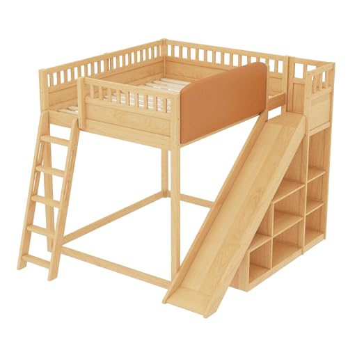 Image of Bellemave Bunk beds Full Over Full with Slide and Stair and upholstered headboard, Low bunk /loft Bed for Kids,Natural