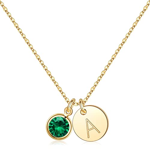Initial Birthstone Necklace For Women Girls Gifts - 14K Gold Plated Disc Initial Necklace May Birthstone Jewelry Initial Necklaces Emerald Necklace May Birthstone Necklace Gifts For Women Teen Girls #TOP14