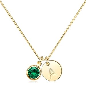 Initial Birthstone Necklace for Women Girls Gifts – 14K Gold Plated Disc Initial Necklace May Birthstone Jewelry Initial Necklaces Emerald Necklace May Birthstone Necklace Gifts for Women Teen Girls