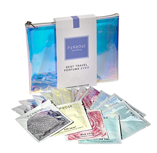 PINROSE Best Travel Perfume Ever! - Women's Eau de Parfum Fragrance Towelettes - Travel Size Set - 16 Perfume Wipes - 4 Each of Secret Genius, Sun Saint, Bold Soul and Pillowtalk Poet Petal