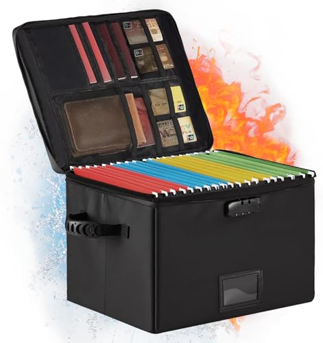 MUIFA Fireproof Document Box, Fireproof File Box with Lock, Collapsible File Storage Box with Zippers and Inserts Bag, Portable Home Office Safe Box for Letter/Legal Folder(Black)