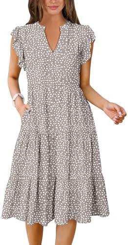 ANRABESS Women's Summer Floral Print Dress Casual V Neck Ruffle Sleeve Flowy Tiered Swing Trendy Fashion Cute Boho Beach Vacation Midi Dresses with Pockets A1408bandian-S
