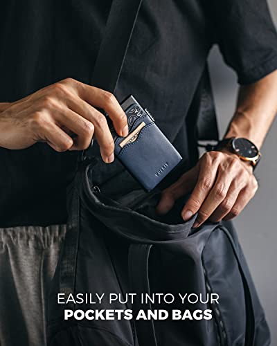 Image of VULKIT Credit Card Holder Minimalist Slim Pop Up Wallet with Leather Slots RFID Blocking for Men and Women Holds 7 Cards and Notes Blue