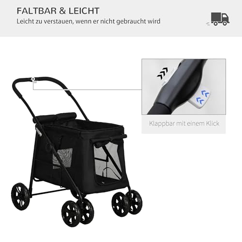 PawHut Hundewagen, faltbarer Hundebuggy, Hundetrolley mit Kissen, Katzenbuggy bis 20 kg, Katzenwagen für kleine und mittelgroße Hunde mit Seitentaschen, Netzfenster, Oxford-Gewebe, Schwarz