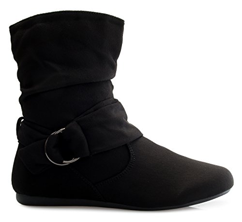 Olivia K Womens Low Heel Slouch Suede Slip On Casual Ankle Boots with Ring Buckle and Side Zipper2