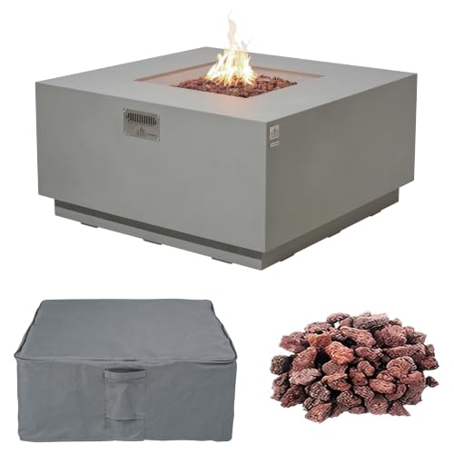 Image of AMS 48 inch Square Concrete GFRC Propane Gas Fire Pit Table (Light Gray)