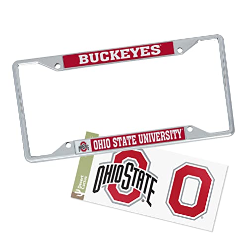 Desert Cactus Ohio State University License Plate Frame Metal Car Tag Holder and Sticker for Front or Back of Car Officially Licensed (Sticker Frame Combo - Mascot)