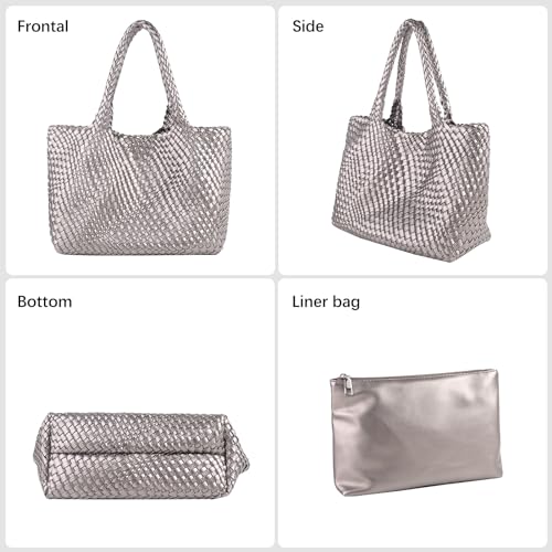 Image of Woven Tote Bag Womens Purse Vegan Leather Shoulder Handbags Fashion Summer Beach Tote Bags Large Travel Totes
