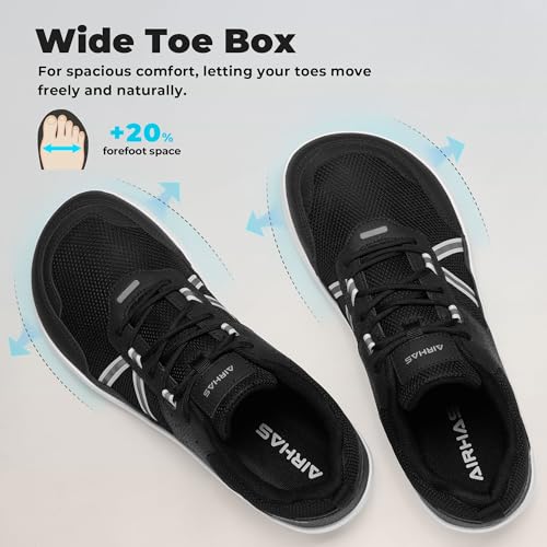 AIRHAS Men's Anatomical Toe Box Barefoot Shoes Zero Drop Breathable Gym Shoes for Men Minimalist Walking Shoes(Black/White, 9.5W) — view 3