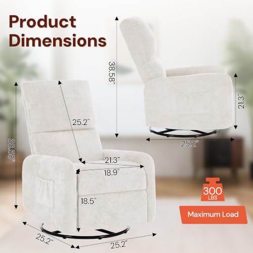 Image of Korser 360 Rocking Chair, Nursery Rocker Chair with Side Pockets, Glider Nursing Chair with Steel Structure Base, Small Chair for Small Spaces, Chenille Swivel Accent Chairs for Living Room, Nursing