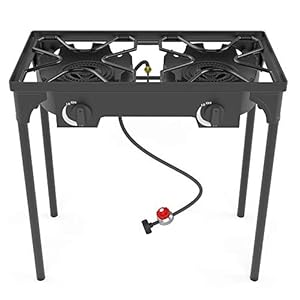 Outdoor & Indoor Portable Propane Stove, Single & Double Burners with Gas Premium Hose, Detachable Legs for Backyard Kitchen, Camping Grill, Hiking Cooking, Outdoor Recreation (DB02-Large,2 Burners)
