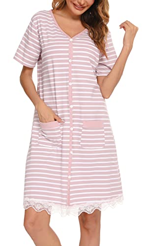 Vlazom Button Down Nightgown For Women Striped Cotton Sleepwear Short Sleeve Relaxed Maternity Shirt Dress With Pockets #TOP16