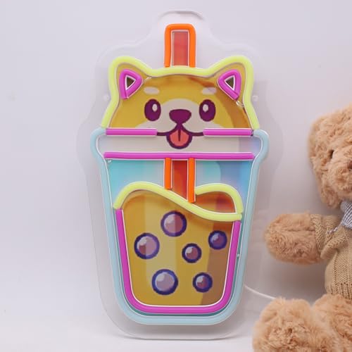 Image of Boba Milktea Dog LED Neon Sign USB Powered for Wall Decor, Cute Neon Night Light Sign Dimmable for Shop Party Decor Birthday Gifts