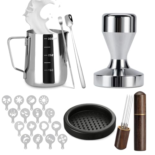 Espresso Accessories Kit 51mm Tamper: 51mm Espresso Tamper Set Espresso Kit Including Coffee Tamper, Milk Frothing Pitcher, WDT Tool Espresso, Tamper Mat, Latte Art Pen, Coffee Spoon, Coffee Stencils