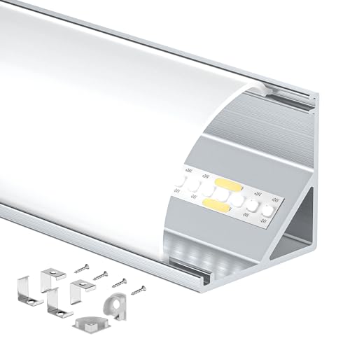 Shine Plus Profilé LED, Profile alu pour ruban 6 × 2mètres，45 degrés en forme de V，avec Couvercle PC Laiteux, Embouts et Clip de Montage pour Bande LED (6 pièces × 2m)