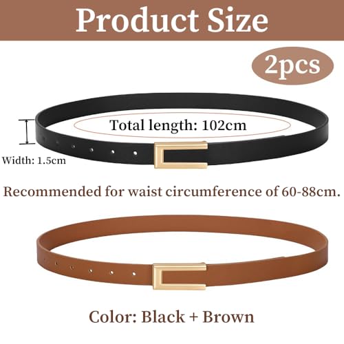 Image of Fapiwen Skinny Belts For Women, 2 Pcs, Black And Brown | Adjustable PU Leather Waist Belts With Gold-Tone Buckles For Jeans, Dresses, Workwear And Formal Outfits