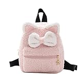 Cute Fleece Sherpa Backpack Fuzzy Cat Ear Bowknot Mini Shoulder Bag for Girls (Pink Cat)