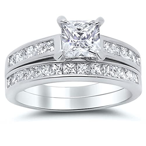 Princess Cut Wedding Ring Set for Women White Gold 1 Carat Center Moissanite Bridal Sets Wedding Rings Engagement Ring Set Platinum Plated Silver 10K 14K 18K Gold
