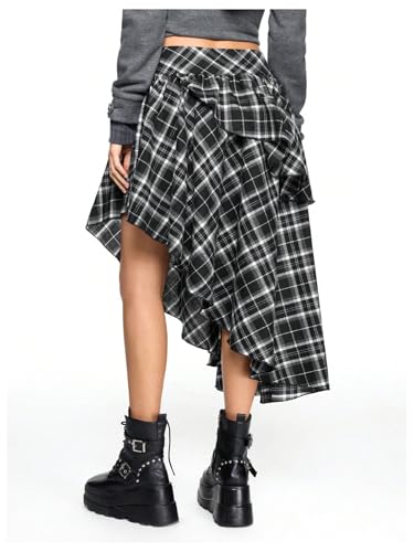 Verdusa Women's Y2k Plaid Asymmetrical Skirts Tiered Layered Going Out Outfits Ruffle Midi Skirt2