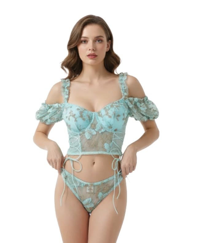 Lingerie Two Piece Deep V Neck Teddy Embroidery Babydoll Mesh Nightwear for Women Mesh Crop Top Bra with Panty Lingerie Chemise Outfits for Women Girl-image-40
