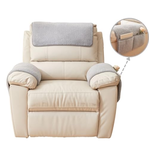 vctops 3 Pieces Sherpa Fleece Sofa Armrest Cover for Recliner Chair with Storage Pockets Non Slip Headrest Cover Fuzzy Couch Cover for Dogs Washable Furniture Protector (Grey,1 Seat)