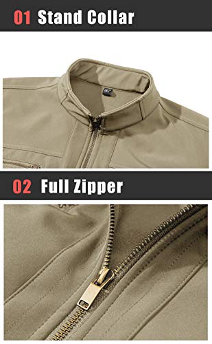 Tacvasen Men's Lightweight Full-Zip Stand Collar Softshell Outdoor Jacket Coat Khaki, L #TOP4
