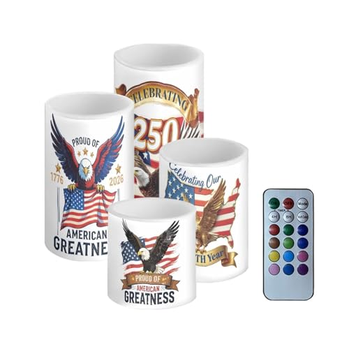 Image of American Flag Eagle Flickering Flameless Candles with Battery Powered LED Candles with Remote Timer Color Changing Control 4 Pcs Set 250 Years Celebration July 4th Independence Day Theme
