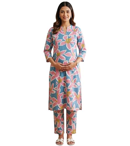 Image of DUMMY SHAPE Feeding Kurtis for Women Cotton Blend | Floral Kurta Pant Dupatta Set with Nursing Zippers to Pre & Post Partum | Maternity Dresses | Mom to Be Gifts for Pregnant Woman