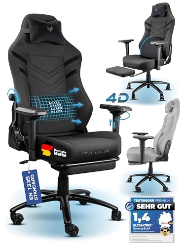 Ultimatrix FURY Gaming Stuhl Ergonomisch [TESTSIEGER] Integrierte Lordosenstütze, 4D-Armlehnen, Atmungsaktiver Stoff, Fußstütze, Gamingstuhl Kaltschaum, Gaming Chair 150kg, Schreibtischstuhl (Schwarz)