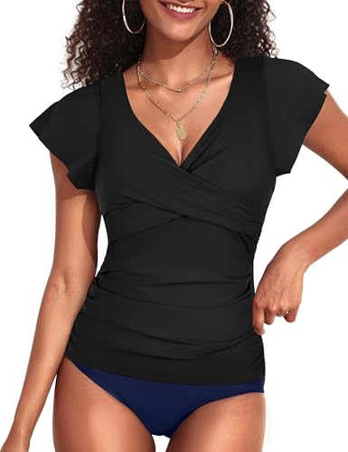 Hilor Women's Underwire Tankini Top Tummy Control Bathing Suits Short Sleeve Tankini Swimsuit Tops Only2