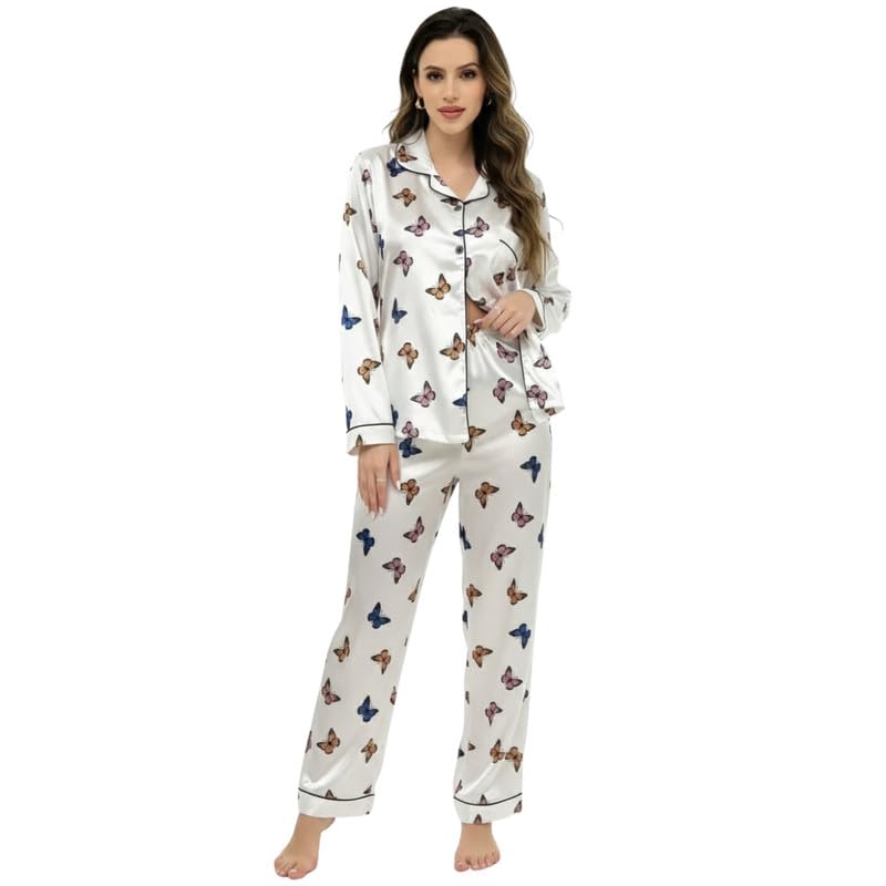 Image of Night Suit for Women with Full Sleeve Button-Down Top with Pant Dress for Woman, Cotton Night Dress for Woman, Two-Piece Loungewear Set
