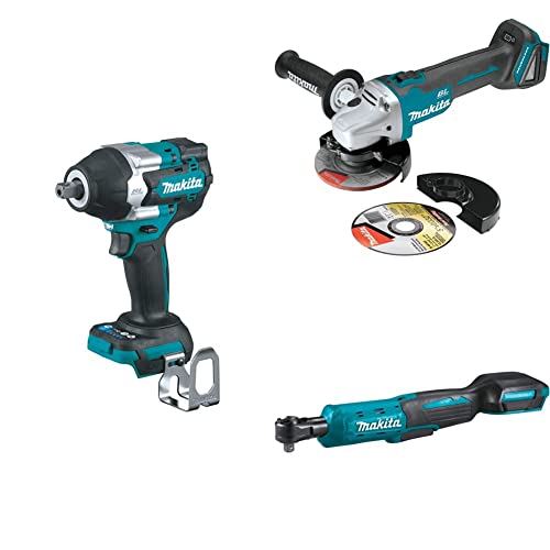 Makita 18V Lxt Li-Ion Brushless 4-Speed Mid-Torque 1/2" Sq. Drive Impact Wrench, 18V Lxt Li-Ion Brushless 4-1/2” / 5" Cut-Off/Angle Grinder, & 18V Lxt Li-Ion 3/8" / 1/4" Sq. Drive Ratchet, Tools Only #TOP8