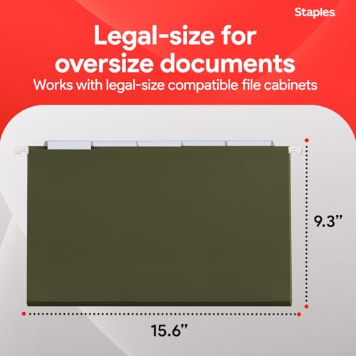 Image of Staples Hanging File Folders, Legal Size, 1 /5-Cut Tabs, Green, 50 /Pack | Reinforced top for durability; organizes documents in standard-size drawers.