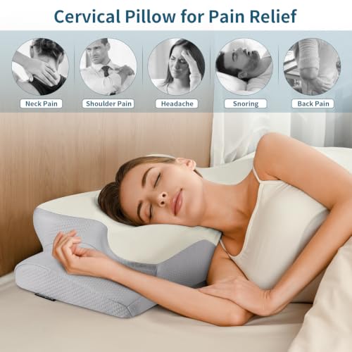 Image of Cervical Neck Pillow for Pain Relief - Ergonomic Pillow Side Sleeper Pillow for Sleeping, Orthopedic Bed Pillow Neck Support Pillow, Contour Memory Foam Pillows for Side Back Sleepers(Grey)