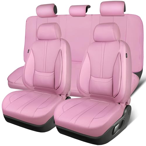CAR PASS Pink Leather Seat Covers Full Set Water Resistant 3D Foam Faux Leather Seat Cover Luxury Comfort Automotive 5 Seat Covers Cute for Women Girly Universal Fit SUV Vans Trucks All Pink