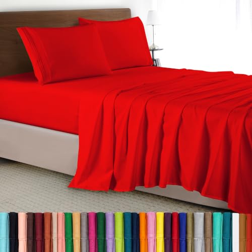 Elegant Comfort Luxury 4-Piece Bed Sheet Set - Luxury Bedding 1500 Premium Hotel Quality Microfiber Wrinkle Resistant Cool & Breathable Easy Elastic Fitted Queen Red