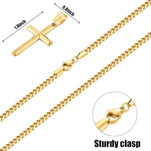 Image of Fiusem Silver Tone /Black /14K Gold Plated Cross Necklace for Men, Beveled Edge Pandent Mens Necklace, 3.5MM Stainless Steel Cuban Chain, 16-24 Inches Jewelry Gifts
