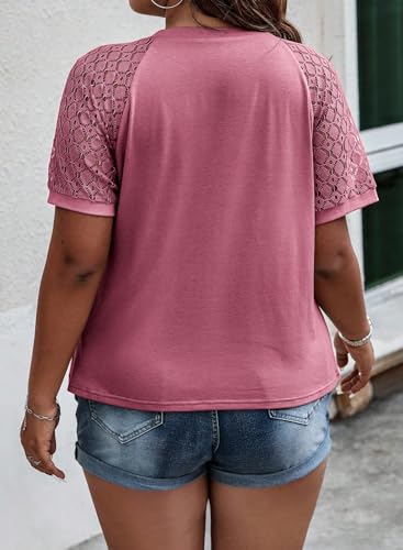 Image of Eytino Plus Size Tops for Women Summer Lace Short Sleeve Crewneck Loose Casual Blouse Tunic T Shirts(1X-5X)