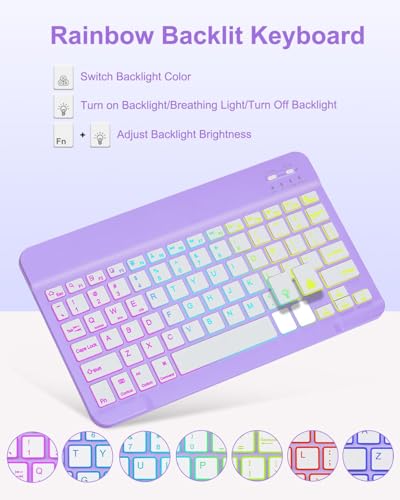 Image of EAMPANG Case with Keyboard Mouse for Samsung Galaxy Tab S10 Lite /S10 FE 5G /S9 FE 10.9 Inch /S9 11 Inch,7 Color Rainbow Backlit Detachable USB-C Keypad Magnetic Cover with Pencil Holder Purple