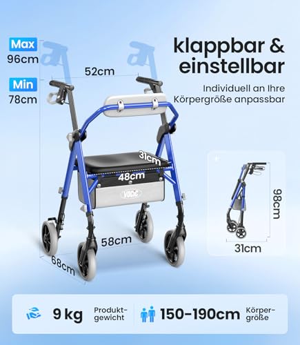 VOCIC Z11 Rollator faltbar und leicht mit Sitz, Max 172kg, Rollator schmal für wohnung, Rollatoren leicht klappbar für Senioren, Ergonomischer Sitz, höhenverstellbar, Meeresblau, 5 Jahre Support