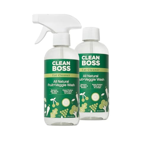 CleanBoss Eat Cleaner Triple-Action Fruit + Veggie Wash - 12 oz, Removes Harmful Residue - Keeps Produce Fresh Up to 5X Longer - Includes One Trigger - Vegan, Gluten Free - Improved Nozzle (2, 12 oz)