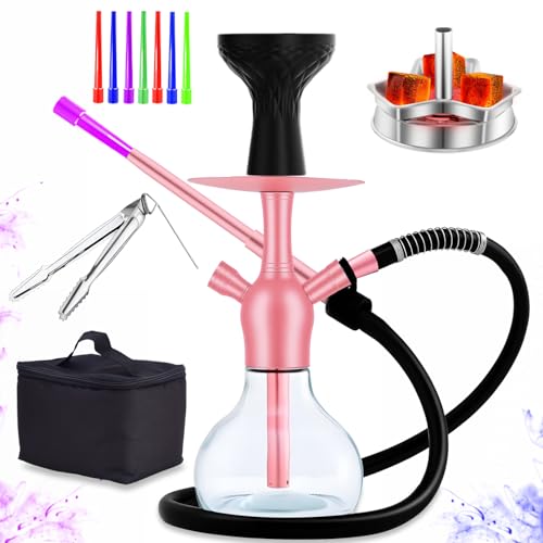 14 Premium Hookah Set - Portable Shisha Kit with Protective Carrying Case Featuring Silicone Hose Stainless Steel Bowl & Integrated Charcoal Tray (Pink)