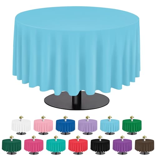 Image of tujol Light Blue 6 Pack Plastic Table Cloth 84 inch, Disposable Round Tablecloth Table Cover, Plastic Tablecloths for Parties