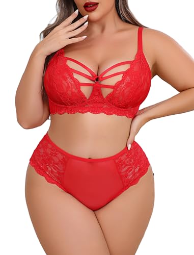 Avidlove Plus Size Lingerie Set for Women Lace Bra Panties Set 2 Piece Lingerie Carmine Red