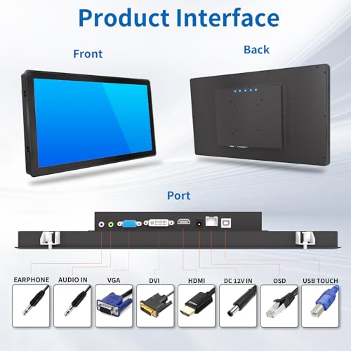 Image of 18.5 Inch Industrial Touch Screen Monitor, 10 Points Touch, Ratio 16:9 Capacitive PCAP Display, 1366x768R, Active Matrix TFT LCD, LED Backlight, VGA, DVI, HD-MI Ports