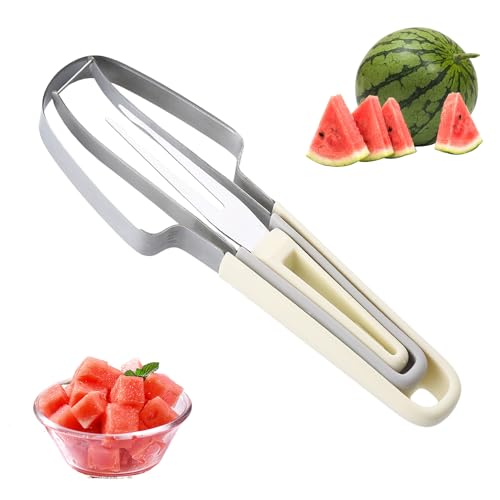 Melonenschneider Obstschneider Slicer Melonenausstecher 3-In-1 Obstschneider Aus Edelstahl,Wassermelonen Scheiben Fruit Cutter Kiwi Mangoschneider für Obst Bento Fruchtschneider (beige)